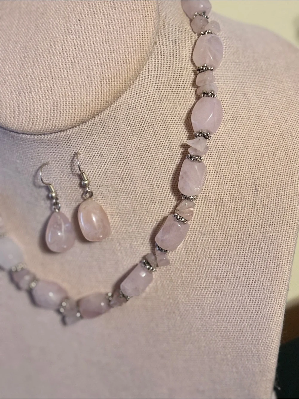 Vintage Pink Rose Quartz Beaded Necklace and Matching Drop Earrings